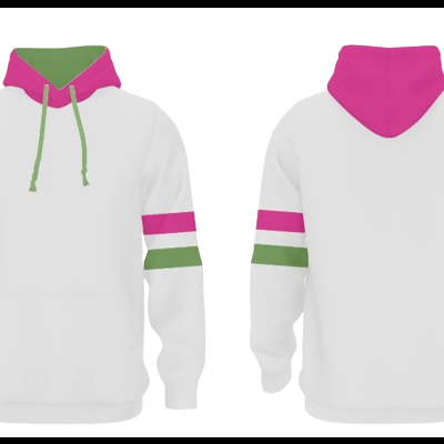Camisola branca com capuz rosa e riscas rosa e verde nas mangas