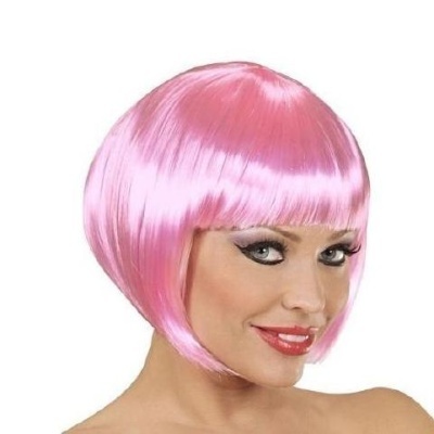 Peruca rosa brilhante com corte bob e franja reta