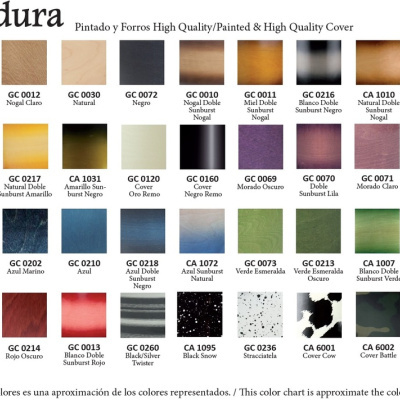 Carta de cores Quadura com amostras de madeira pintada, forros e padrões diversos.