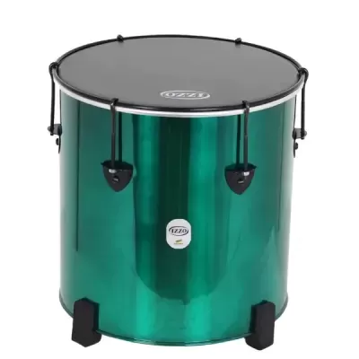 Tambor de percussão metálico verde com pele preta e logo IZZA