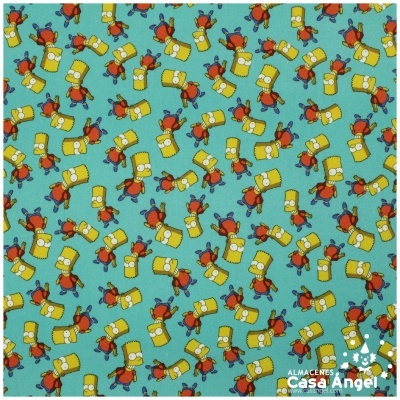 Tecido azul claro com padrão de Bart Simpson vestido como super-herói