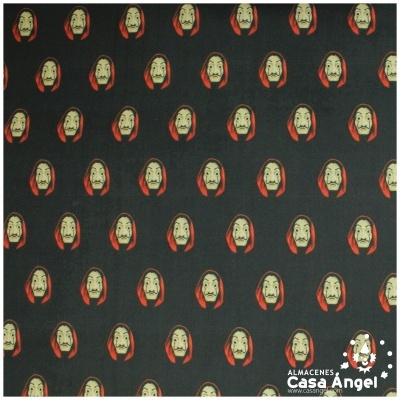 Tecido azul escuro com padrão de rostos estilizados e logotipo ALMACENES Casa Ángel