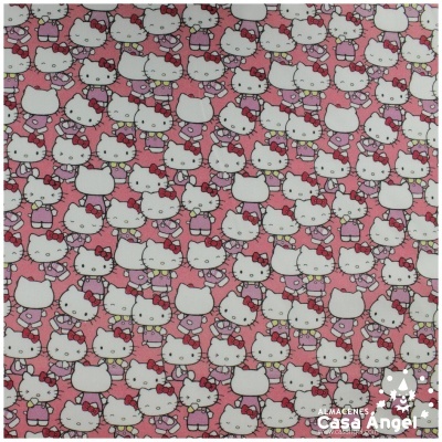 Tecido rosa com padrão repetido de Hello Kitty em branco com laço vermelho.
