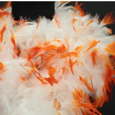 Plumas decorativas brancas e laranja num fundo preto