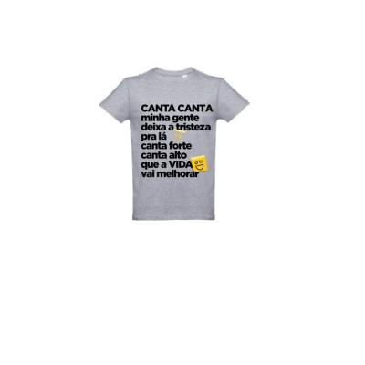 T-shirt cinzenta com texto em preto e amarelo e desenho sorridente amarelo