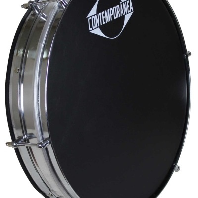 Tambor preto com estrutura metálica e texto CONTEMPORÂNEA