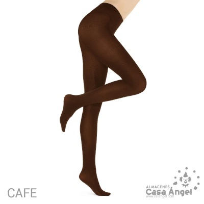 Meias-calças castanhas opacas em modelo, texto 'CAFE' e logotipo Almacenes Casa Angel
