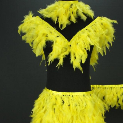 Traje amarelo de penas em manequim preto