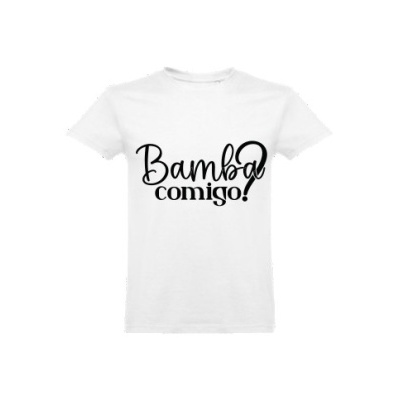 T-shirt branca com texto preto 'Bamba comigo?'