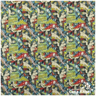 Papel de embrulho com padrão da Mulher Maravilha em estilo banda desenhada colorida