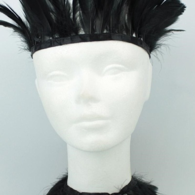 Manequim com coroa e colar de penas pretas