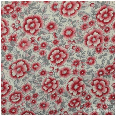 Tecido com padrão floral vermelho, rosa e cinza