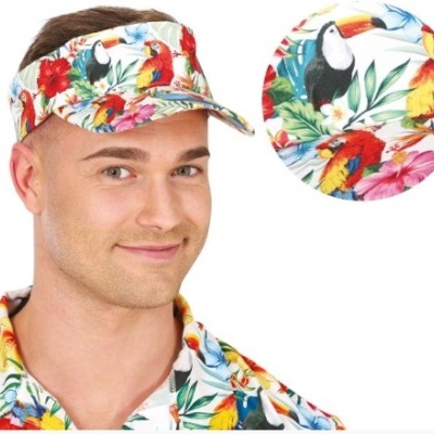Viseira colorida com padrão tropical de aves e flores