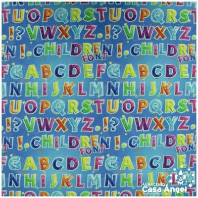 Papel parede infantil azul com letras coloridas do alfabeto e palavras CHILDREN FONT