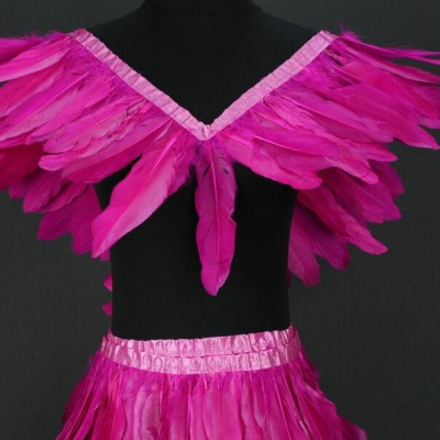 Conjunto de fantasia rosa com penas em manequim preto