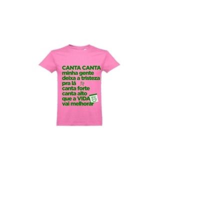T-shirt rosa com texto verde e ícones pequenos