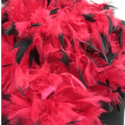 Penas vermelhas com pontas pretas, textura suave e volumosa