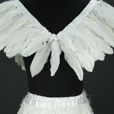Detalhe de roupa com penas brancas em babados sobre base preta.