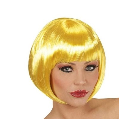 Peruca sintética curta amarela vibrante com franja