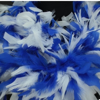 Cachecol de penas azul e branco sobre fundo preto