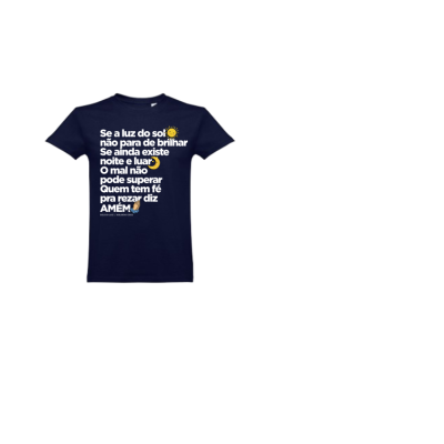 T-shirt azul escura com texto e emojis religiosos em branco