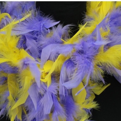 Adereço de penas amarelas e lilases