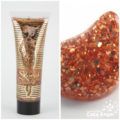 Tubo de gel cintilante Karel com glitter dourado e laranja e silhueta feminina
