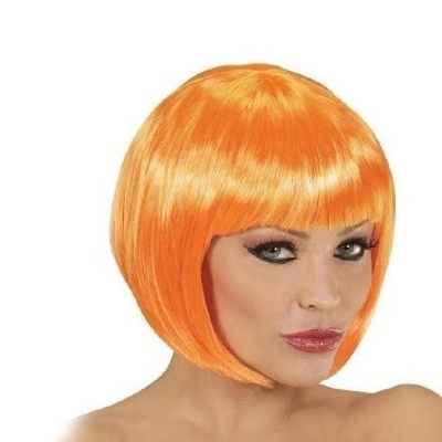 Peruca sintética curta laranja com corte bob e franja