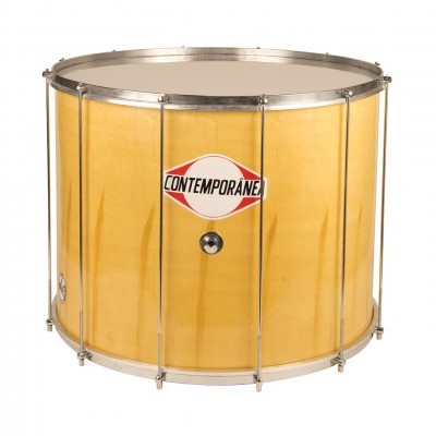 Tambor de madeira amarelo claro com aro metálico e logótipo CONTEMPORÂNE