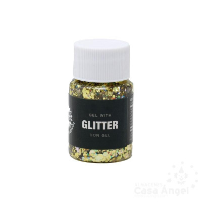 Frasco de gel com glitter dourado e tampa branca