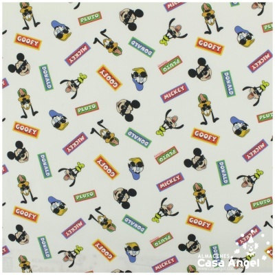 Papel de embrulho Disney com personagens Mickey, Donald, Pluto e Goofy e seus nomes em caixas coloridas