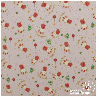 Papel de embrulho Hello Kitty rosa com padrão repetido e texto dourado