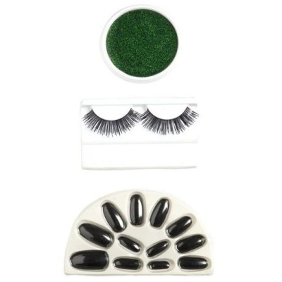 Conjunto de maquilhagem com glitter verde, pestanas artificiais e unhas postiças pretas