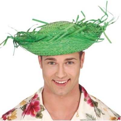 Homem com chapéu de palha verde e camisa florida