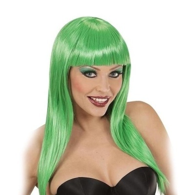Peruca sintética verde longo liso com franja