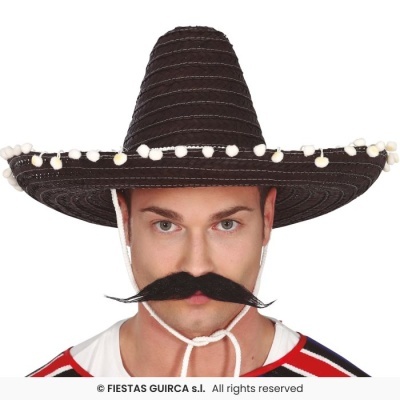 Homem com chapéu mexicano preto e bigode falso