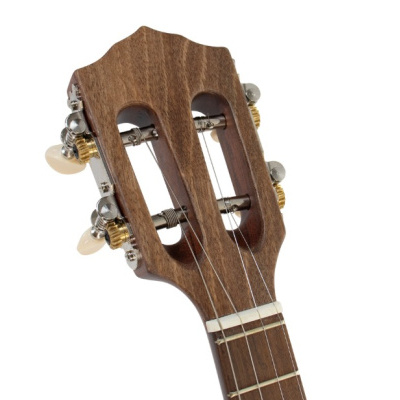 Cabeça de instrumento musical com madeira escura e cordas metálicas