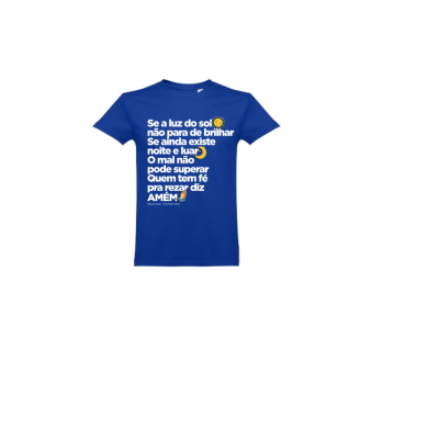 T-shirt azul com texto branco e emojis de sol e lua