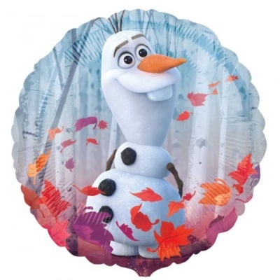 Balão redondo de foil com o personagem Olaf do Frozen e folhas vermelhas e alaranjadas