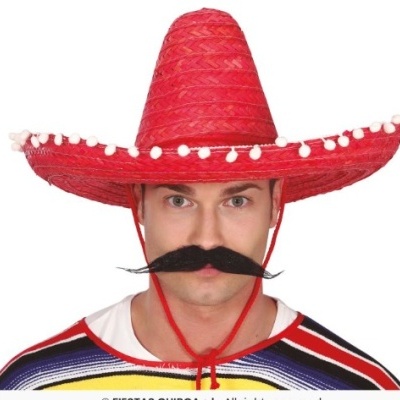Homem com chapéu mexicano vermelho e bigode preto postiço
