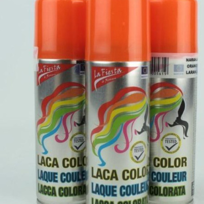 Três latas de spray de laca colorida com tampa laranja e design colorido