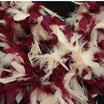 Acessório decorativo com penas bordô e brancas em fundo preto