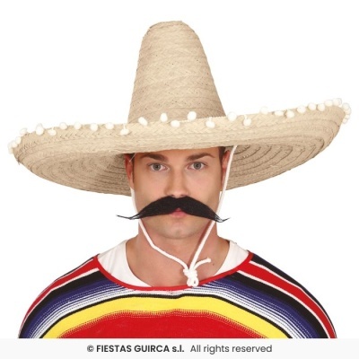 Homem com chapéu de palha tipo sombrero bege e bigode falso preto