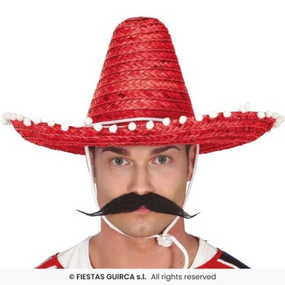 Homem com chapéu mexicano vermelho e bigode preto falso