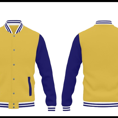 Casaco tipo universitário amarelo com mangas azuis e detalhes às riscas