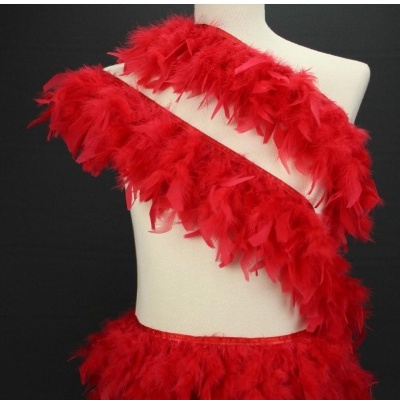 Vestido ou top com penas vermelhas em manequim branco