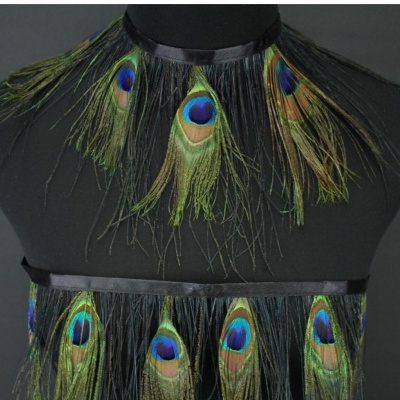 Conjunto de penas de pavão montadas em fitas pretas num manequim.