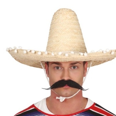 Homem com chapéu de palha tipo sombrero e bigode falso