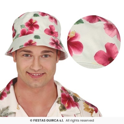 Chapu estilo bucket branco com flores rosa e verdes