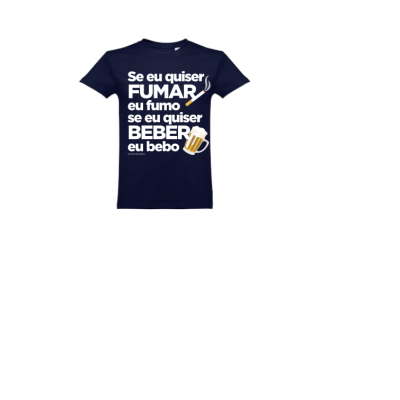 T-shirt azul escura com texto e imagens de cigarro e cerveja